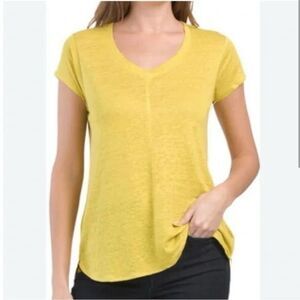 Tahari Women's 100% Linen Semi Sheer Yellow V Neck Hi-Lo Hem T-Shirt Blouse XL